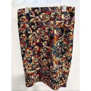 LuLaRoe Pencil Skirt in Black with Red, Purple, Teal & Gold Swirl Print